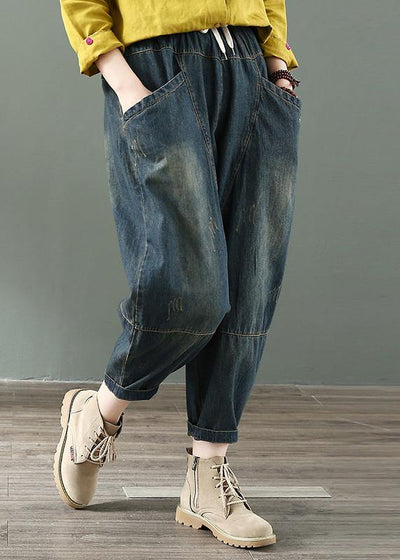 Spring nine points cross pants denim harem pants female elastic waist retro loose trousers - SooLinen