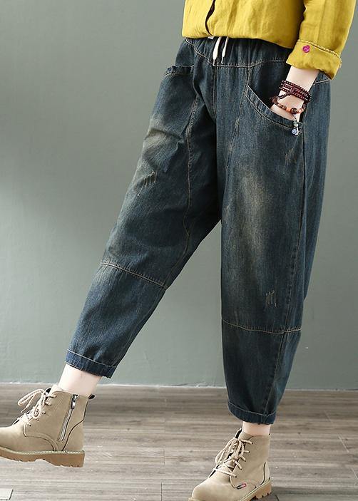 Spring nine points cross pants denim harem pants female elastic waist retro loose trousers - SooLinen