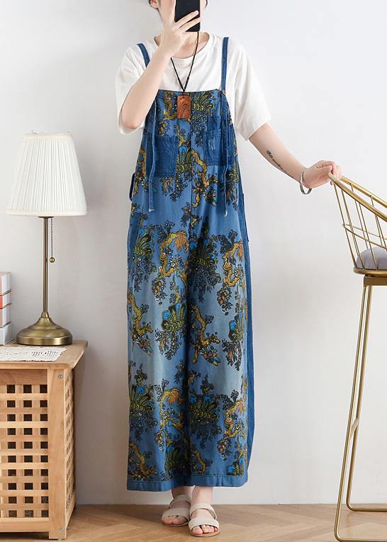 Spring original literary fashion retro ethnic style blue printed loose denim overalls - SooLinen