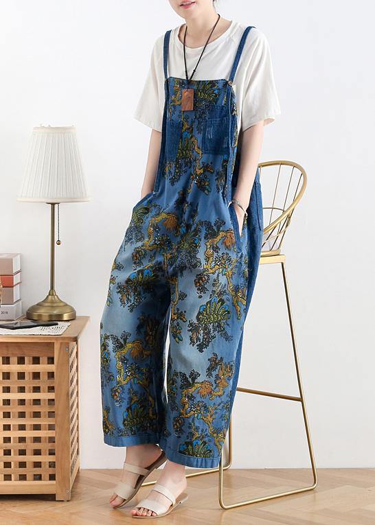 Spring original literary fashion retro ethnic style blue printed loose denim overalls - SooLinen