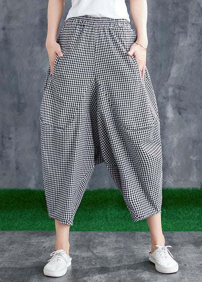 Stitching Cotton Linen Drop Crotch Pants Summer Linen Plaid Loose Large Size - SooLinen