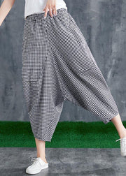 Stitching Cotton Linen Drop Crotch Pants Summer Linen Plaid Loose Large Size - SooLinen