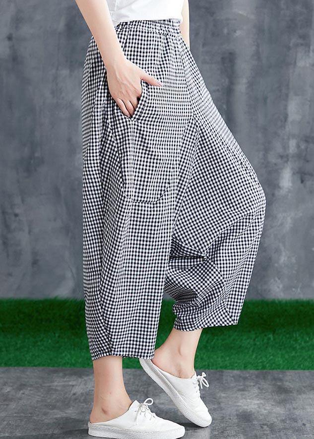 Stitching Cotton Linen Drop Crotch Pants Summer Linen Plaid Loose Large Size - SooLinen