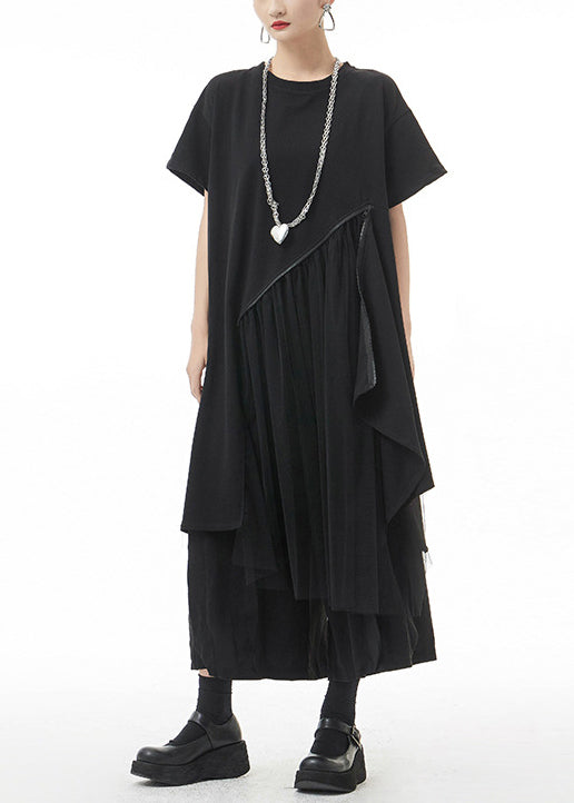 Streetwear Black O-Neck Asymmetrical Maxi Dress Short Sleeve