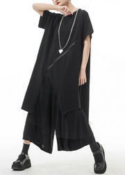 Streetwear Black O-Neck Asymmetrical Maxi Dress Short Sleeve