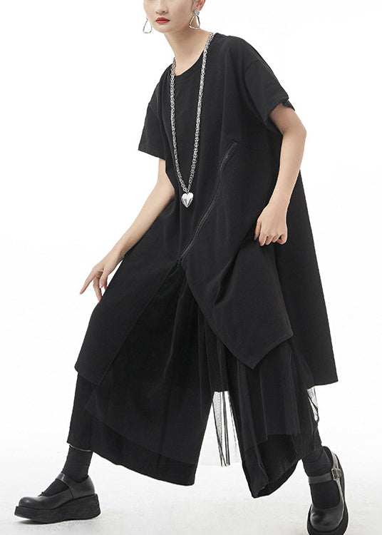 Streetwear Black O-Neck Asymmetrical Maxi Dress Short Sleeve