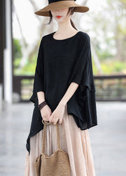 Streetwear Black O-Neck Patchwork Cotton Tops Batwing Sleeve