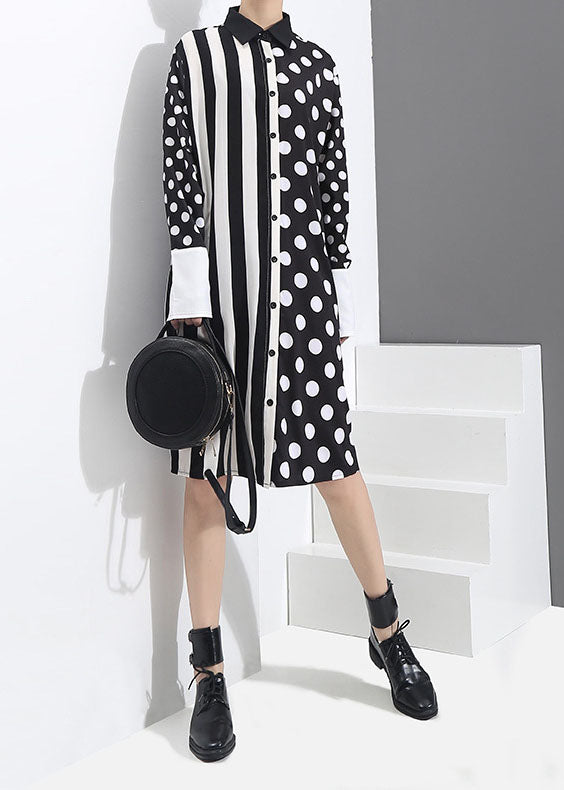 Streetwear Black button Peter Pan Collar Striped dot Patchwork shirt Dresses Spring