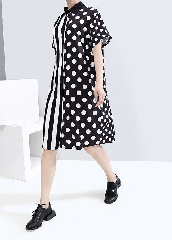 Streetwear Black button Peter Pan Collar Striped dot Patchwork shirt Dresses Spring