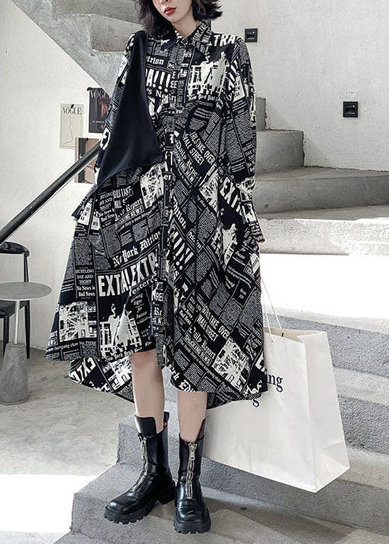 Streetwear Black low high design print Patchwork Satin shirt Dress Spring