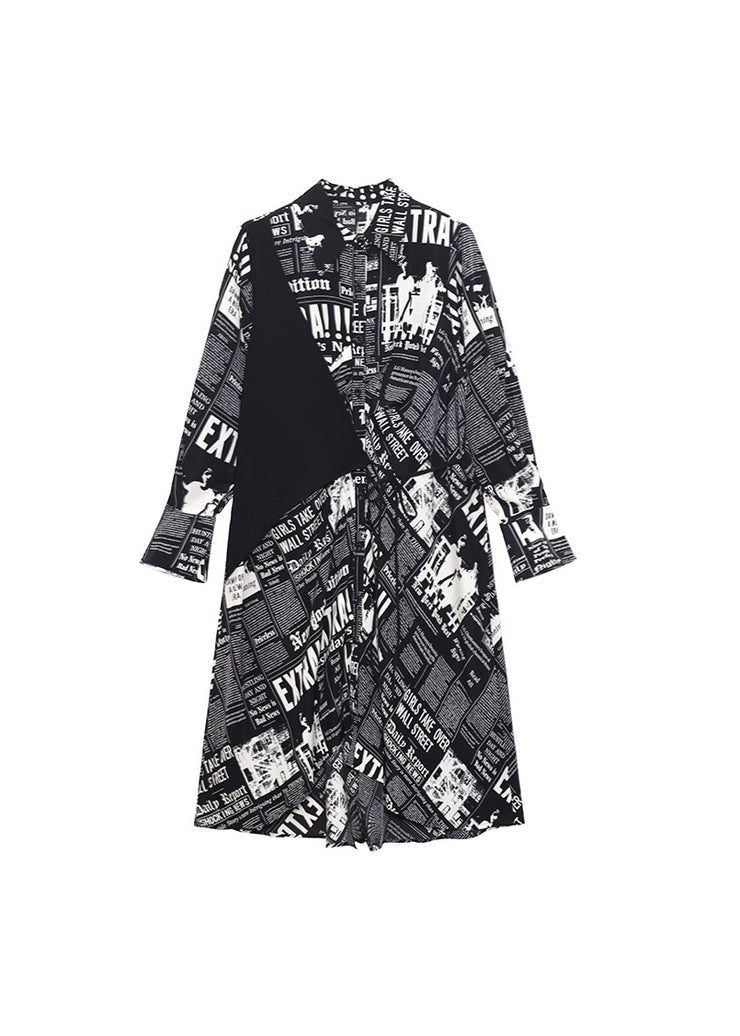 Streetwear Black low high design print Patchwork Satin shirt Dress Spring