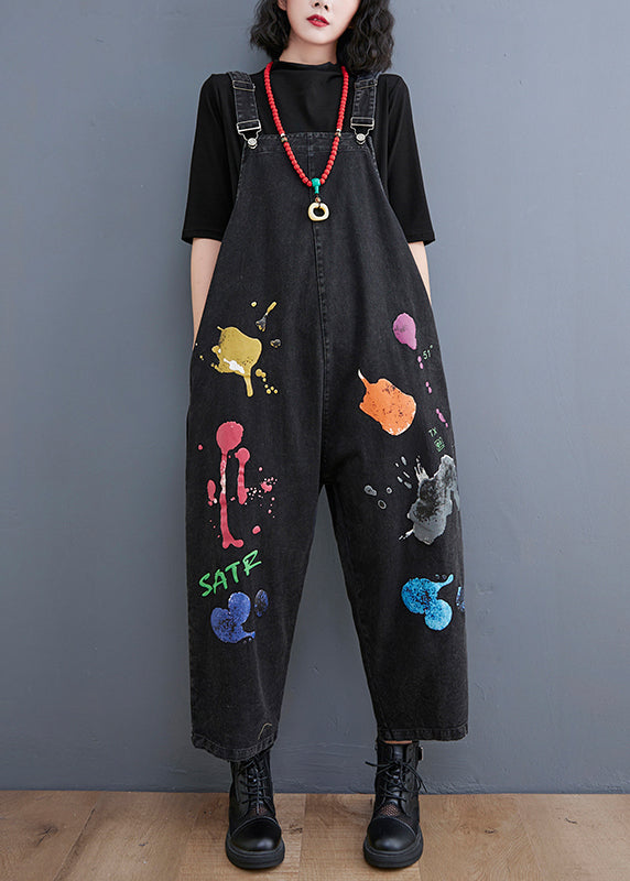 Streetwear Black painting Print Denim Jumpsuit Spring