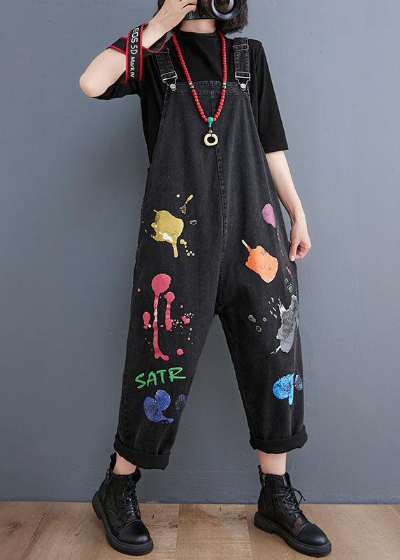 Streetwear Black painting Print Denim Jumpsuit Spring