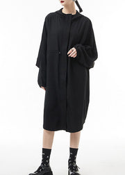 Streetwear Black zippered Hooded drawstring Chiffon trench coats Spring