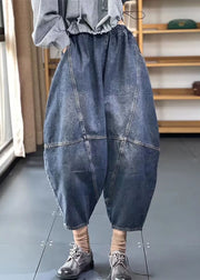 Streetwear Blue Elastic Waist Pockets Patchwork Cotton Denim Loose Harem Pants Summer