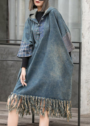 Streetwear Blue Hooded Patchwork Tasseled Denim Dress Batwing Sleeve