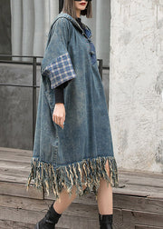 Streetwear Blue Hooded Patchwork Tasseled Denim Dress Batwing Sleeve