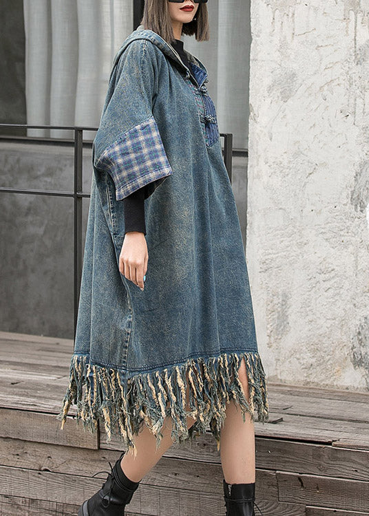 Streetwear Blaues Patchwork-Denimkleid mit Fledermausärmeln und Quasten