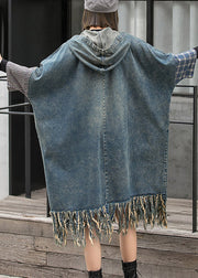 Streetwear Blue Hooded Patchwork Tasseled Denim Dress Batwing Sleeve