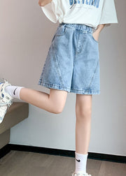 Streetwear Light Blue Elastic Waist Patchwork Cotton Denim Short Pants Summer