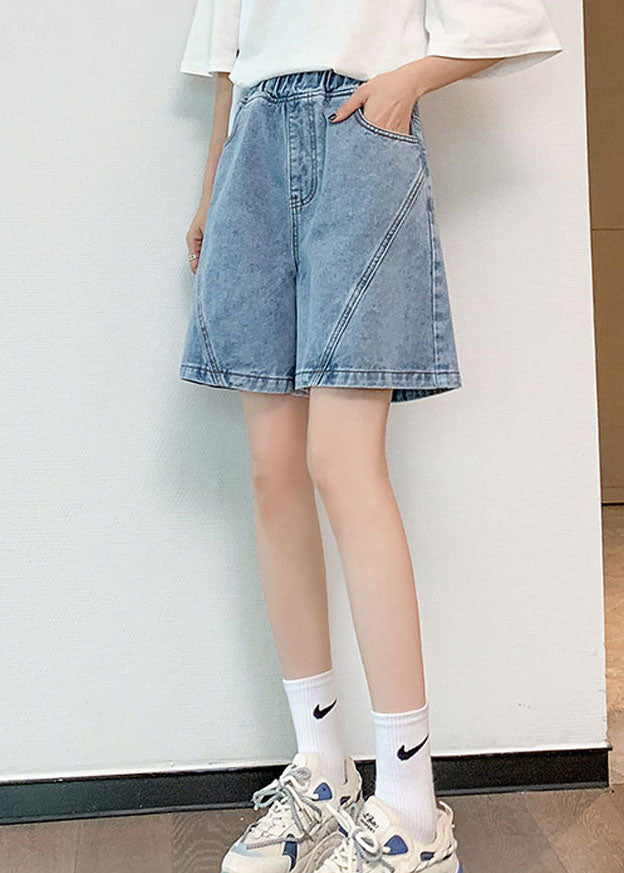 Streetwear Light Blue Elastic Waist Patchwork Cotton Denim Short Pants Summer