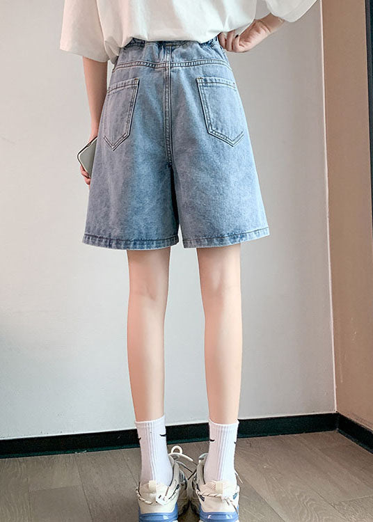 Streetwear Light Blue Elastic Waist Patchwork Cotton Denim Short Pants Summer