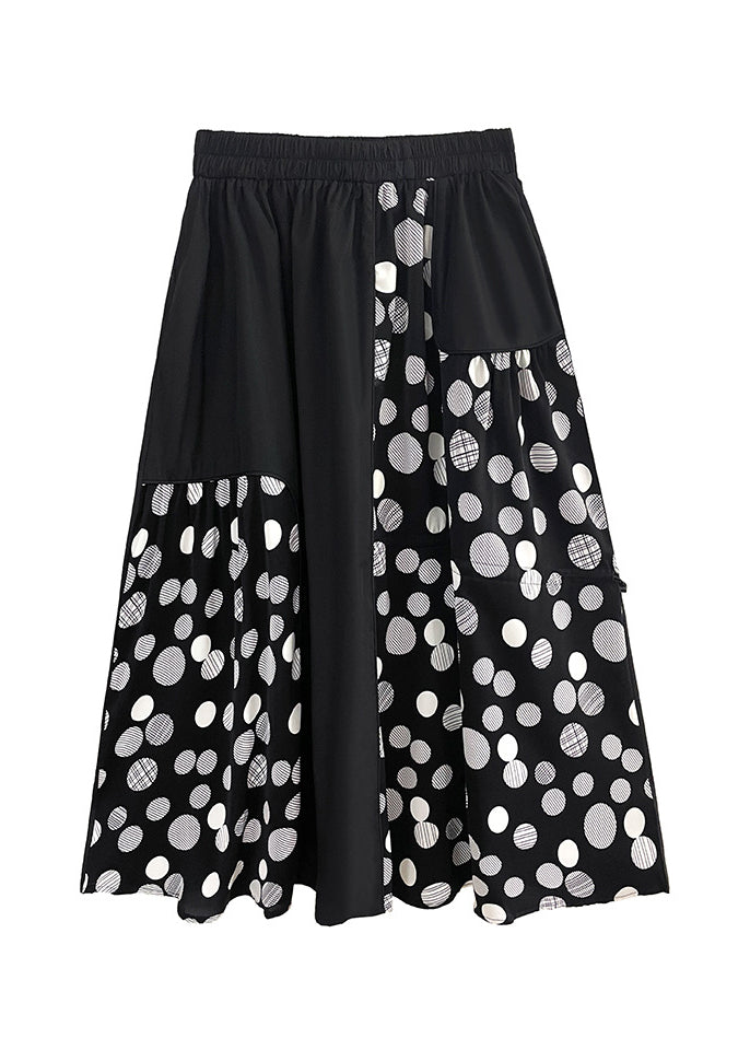 Style Black Asymmetrical Drawstring Pockets Dot Print A Line Skirt Summer