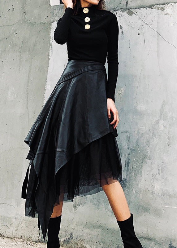 Style Black Asymmetrical Faux Leather Patchwork Tulle Skirt Spring