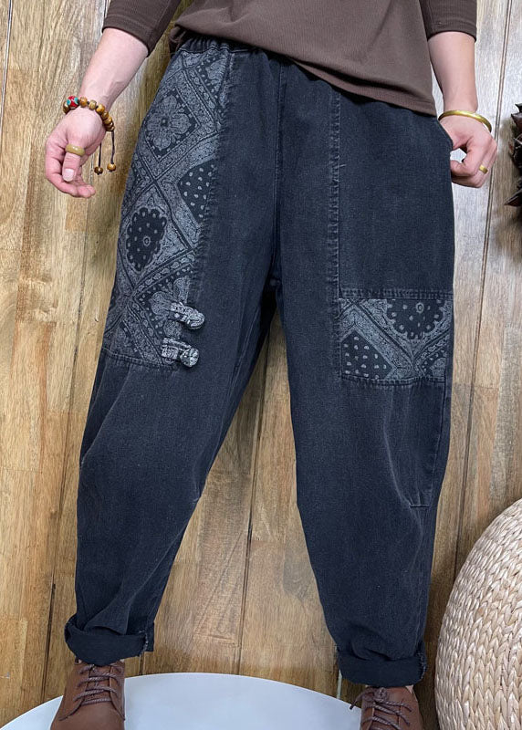 Style Black Button patch applique denim Pants Spring