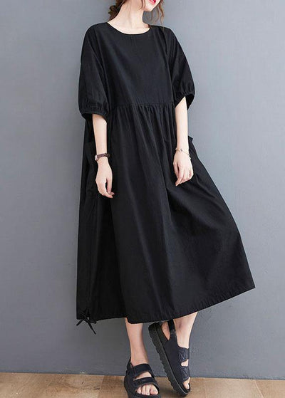 Style Black Cinched O Neck Holiday Dress Puff Sleeve - SooLinen