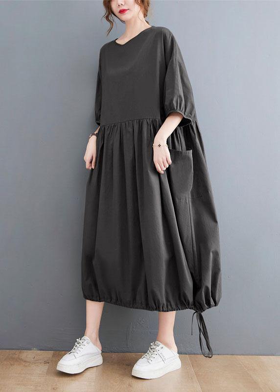 Style Black Cinched O Neck Holiday Dress Puff Sleeve - SooLinen