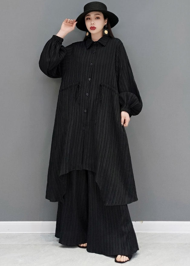 Style Black Drawstring Asymmetrical Cotton Long Shirt And Wide Leg Pants Two Pieces Set Spring