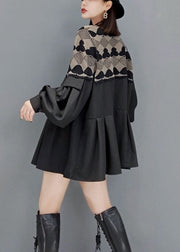 Style Black O-Neck button print Patchwork Knit Dresses Spring