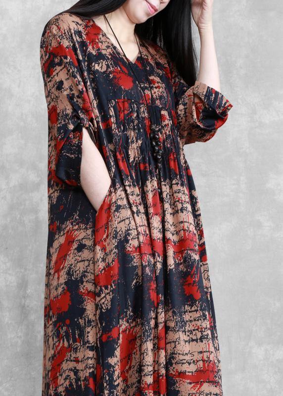 Style Black Print Tunics V Neck Large Hem Robe Spring Dresses - SooLinen