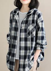 Style Black White Plaid Hooded Button Fall Top Langarm