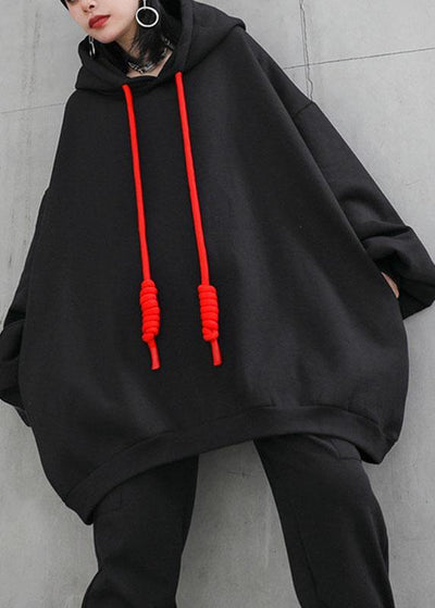 Style Black hooded Pockets Drawstring Fall Loose Sweatshirts Top - SooLinen