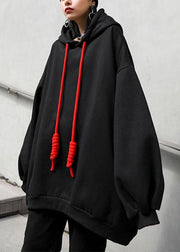 Style Black hooded Pockets Drawstring Fall Loose Sweatshirts Top - SooLinen