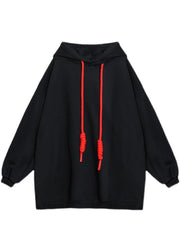 Style Black hooded Pockets Drawstring Fall Loose Sweatshirts Top - SooLinen