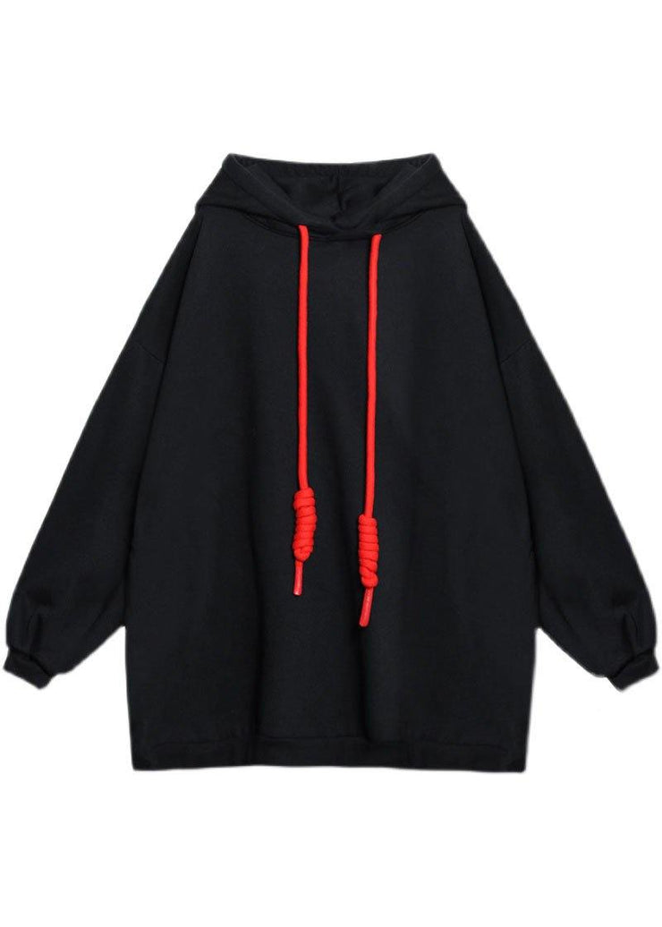 Style Black hooded Pockets Drawstring Fall Loose Sweatshirts Top - SooLinen