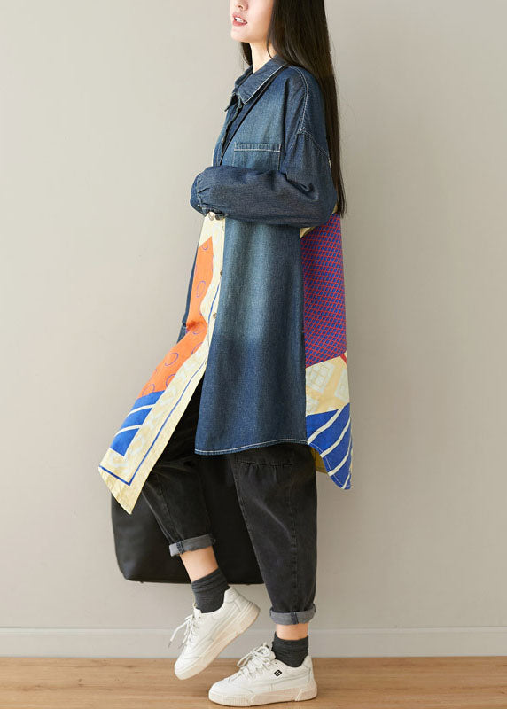 Style Blue Asymmetrical Pockets Patchwork Cotton denim Coats Spring