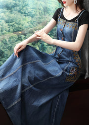 Style Blue Button Qocket Embroideried Spaghetti Strap Cotton Dresses Spring