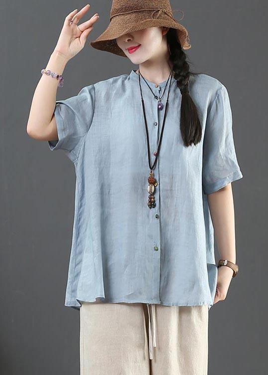 Style Blue Half Sleeve Linen Shirt Tops Summer - SooLinen