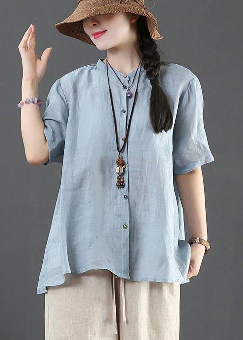 Style Blue Half Sleeve Linen Shirt Tops Summer - SooLinen