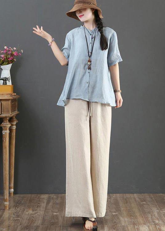 Style Blue Half Sleeve Linen Shirt Tops Summer - SooLinen