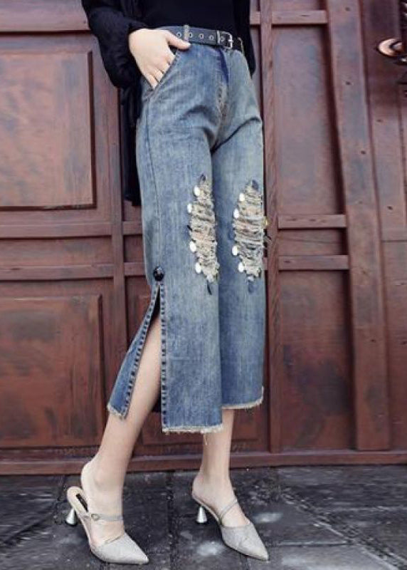 Style Blue High Waist Pockets Side Open Sequins Cotton Denim Crop Pants Summer