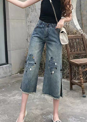 Style Blue High Waist Pockets Side Open Sequins Cotton Denim Crop Pants Summer