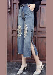 Style Blue High Waist Pockets Side Open Pailletten Cotton Denim Crop Pants Summer