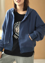 Style Blue Hooded Zippered Pockets Fall Sweatshirts Top