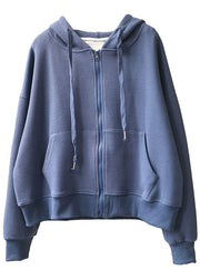 Style Blue Hooded Zippered Pockets Fall Sweatshirts Top