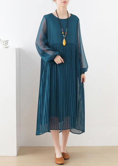 Style Blue Long Sleeve Chiffon O-Neck Summer Dresses - SooLinen